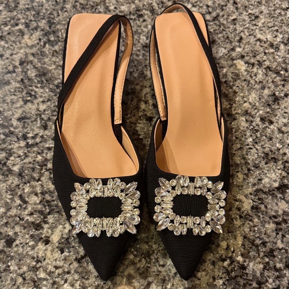 Elegant Black Slingback Heels with Crystal Embellishments